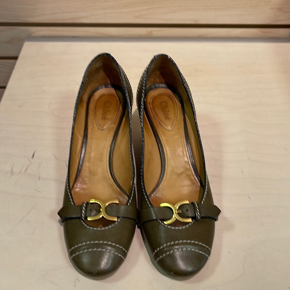 Women’s Chloe Olive Leather Wedge Pump Shoe Size 39